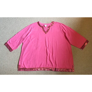 NWOT Womens Sweater-QUACKER FACTORY-pink 100% cotton sequin trim pullover 3/4-3X